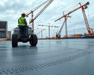 textured concrete sealing, focused, laser-guided machine applicating sealant, photorealistic, bustling construction site with cranes, highly detailed, sealant forming a protective layer, exceptional clarity, bluish-grey, dynamic lighting, shot with a fish-eye lens.