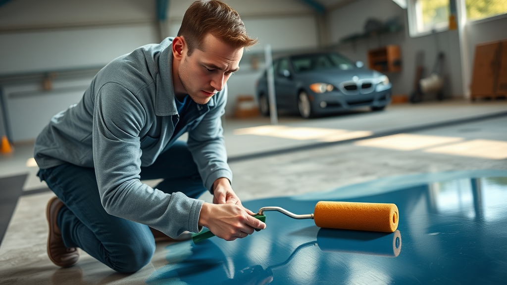 Professional applying epoxy resin with roller, restoring epoxy floor installation