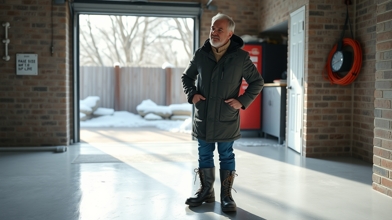 Homeowner in winter coat admiring pristine sealed garage floor, best sealant longevity for garage floors in extreme winters