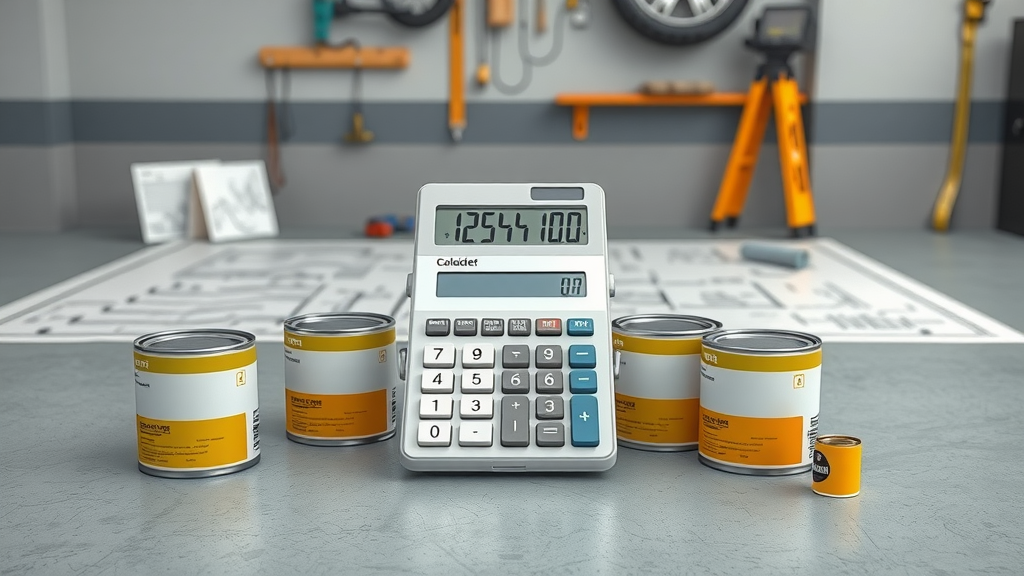 Garage floor epoxy coverage, calculator, paint cans, calculation for 2 car garage, blueprint plan, clear and user-friendly