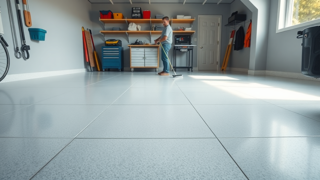 Pristine garage floor with visible slush stains being removed during cleaning process, removing slush stains from garage floors