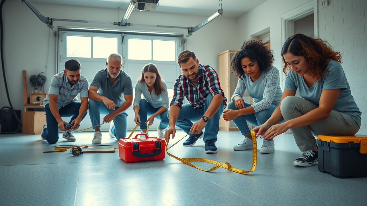 group of homeowners measuring and prepping garage floor with tape measures and tools for new durable garage flooring installation