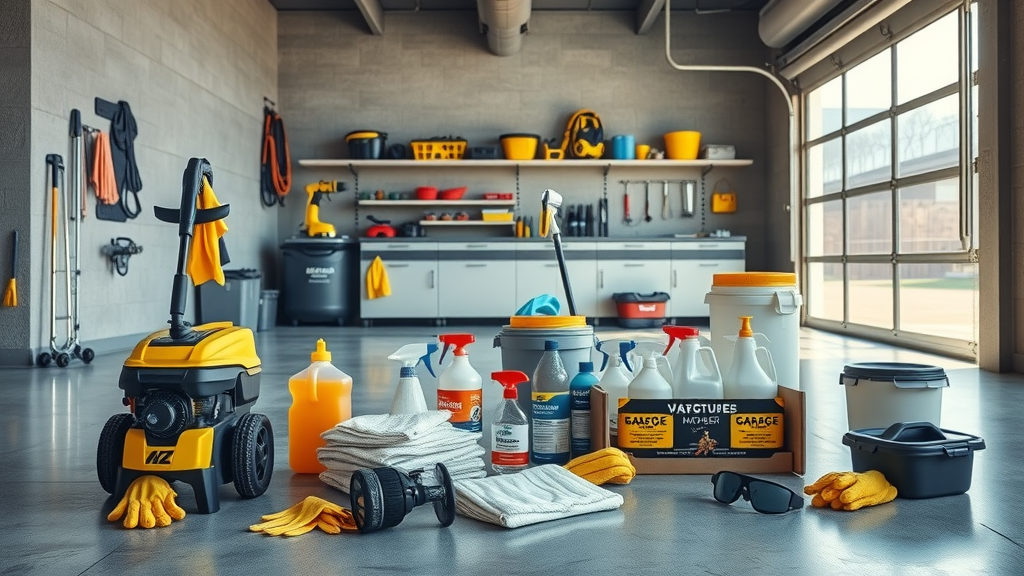 Garage floor cleaning tools including pressure washer, absorbents, degreaser, and protective safety gear, ready for cleaning removing slush stains from garage floors