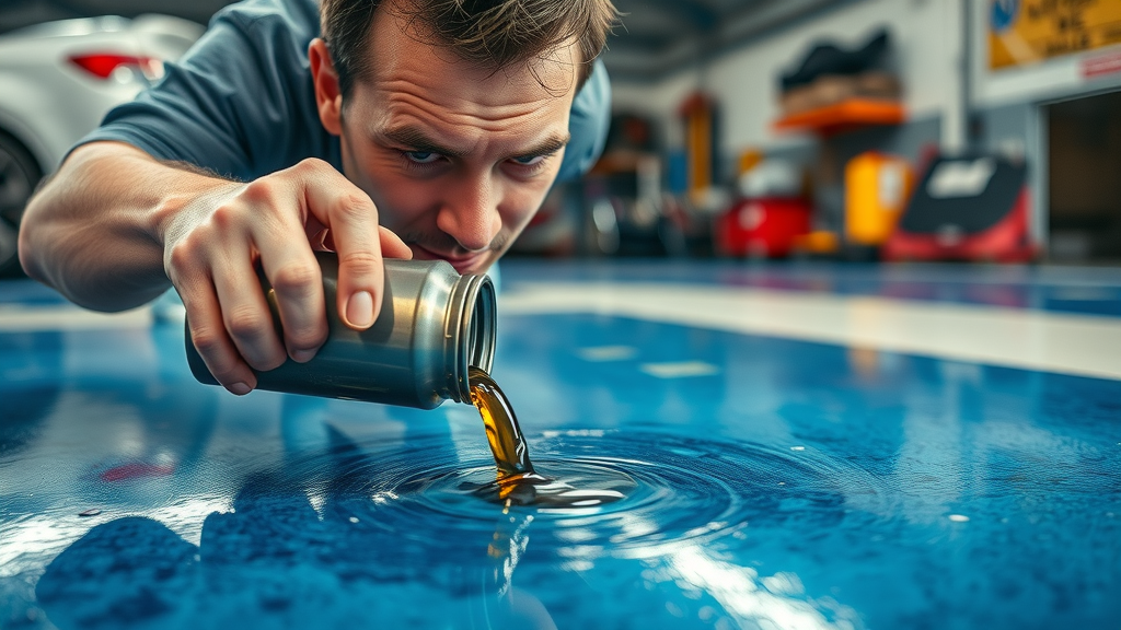 Mechanic spilling oil on a vibrant epoxy-coated garage floor that resists staining, showcasing garage epoxy floor coatings