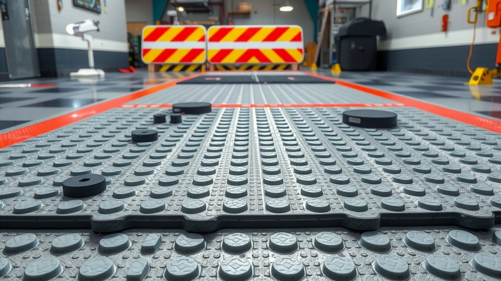 close-up of interlocking floor tiles and accessories, slush barriers, protecting garage floors from slush