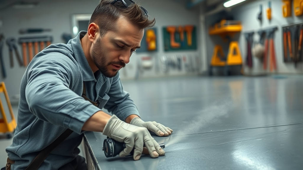 Professional installer performing surface prep for epoxy resin floor. Main Keyword: surface prep