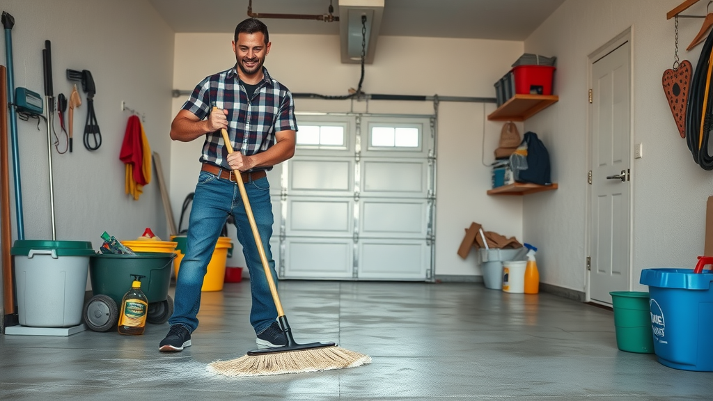 homeowner sweeping and washing a concrete garage floor as part of winter garage floor maintenance, with cleaning supplies and organized garage