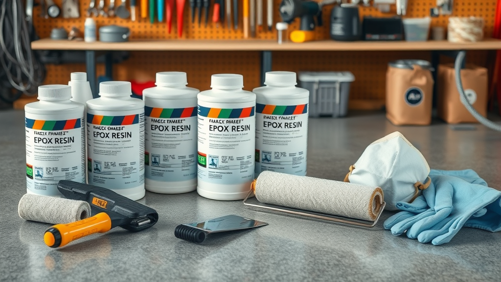 Epoxy floor repair kit with epoxy resin, trowel, roller, and safety equipment on garage workbench