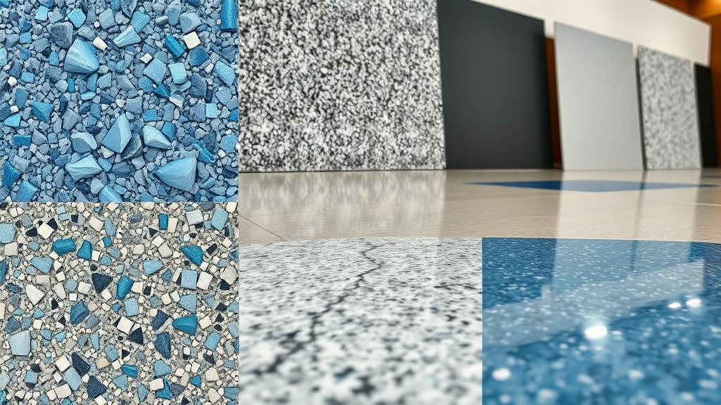 Epoxy floor color sample collage including solid, metallic, flake floor options for garage and home