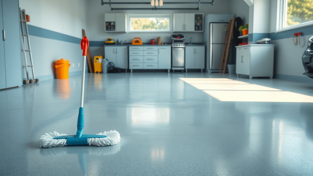 Clean, well-maintained garage with pristine resurfaced floor, showing cleaning tools, garage floor resurfacing, organized storage, photorealistic