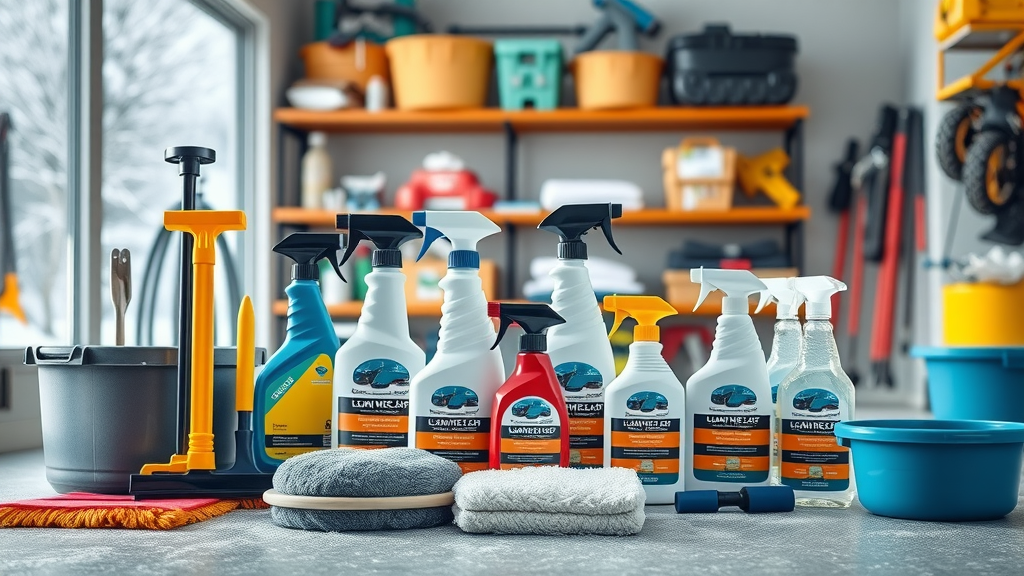 Organized display of winter-specific garage floor cleaning tools and products, with snow visible through window and vibrant bottles on tidy shelves.