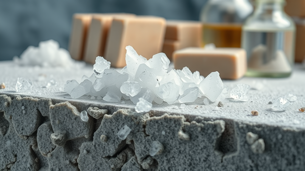 microscopic closeup of a concrete surface showing salt crystals forming and visible chemical reactions, representing the effects of road salt on concrete floors in a scientific, detailed context