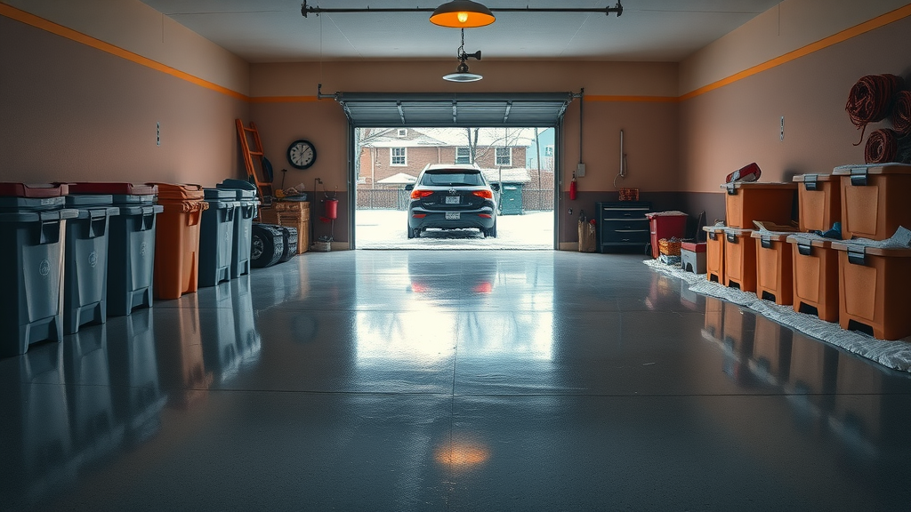 Sparkling clean epoxy-coated garage floor in winter with SUV and snowdrifts, winter garage floor care (salt, slush)