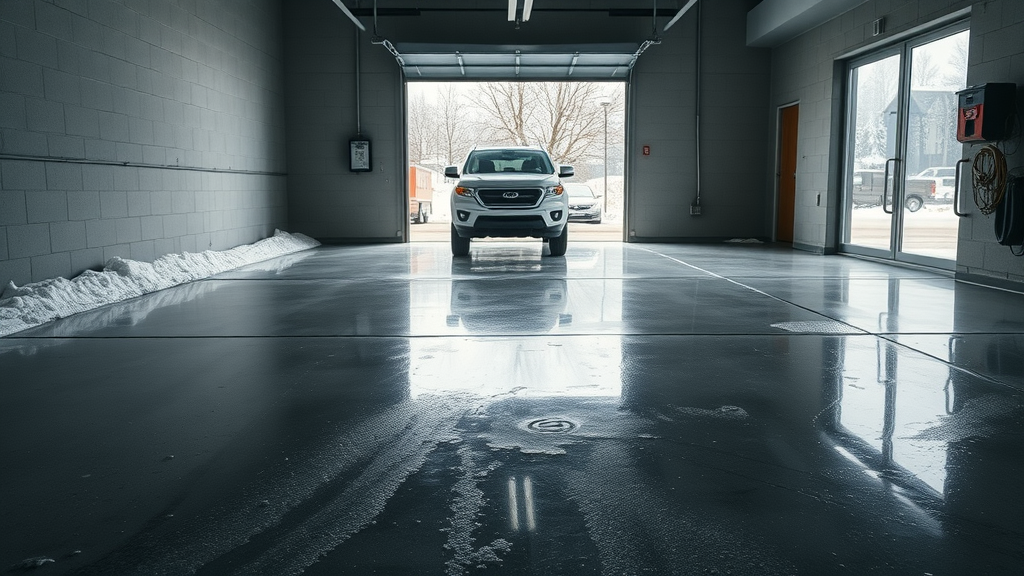 Moody garage interior with sparkling clean polyaspartic floor in a winter setting, showing family vehicle, snow and salt residue near entrance, and daylight reflecting off the glossy garage floor.