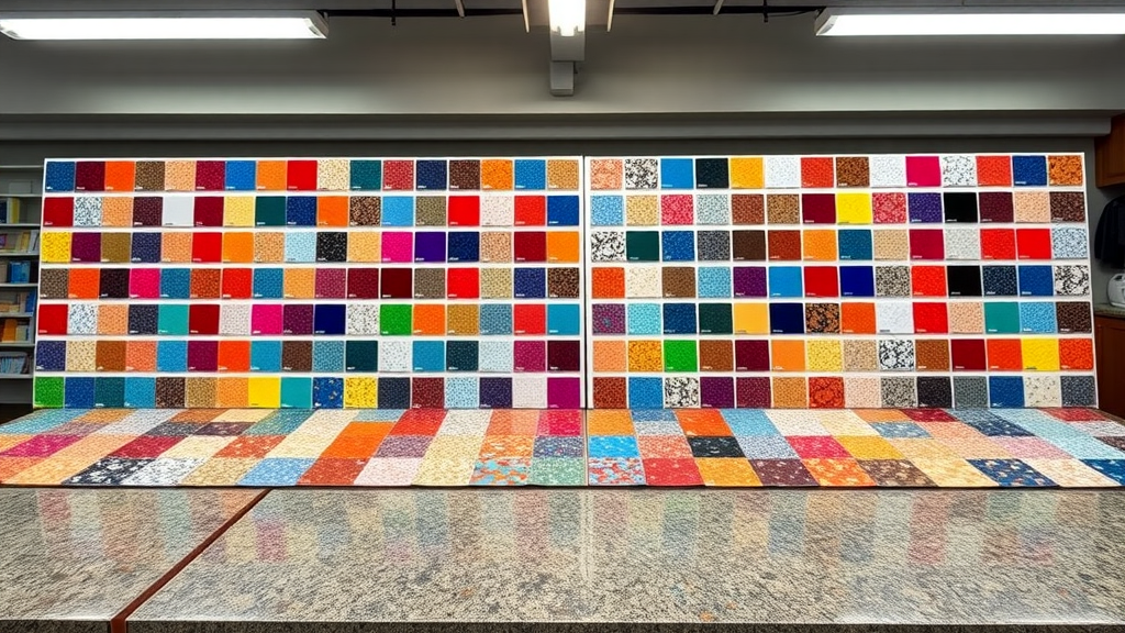 Showroom display of a wide array of epoxy flooring color chips for garage floors, featuring glossy color flakes and a vibrant, organized palette.