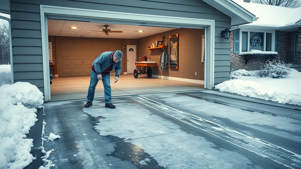 snow-covered residential garage exterior with icy weather conditions and homeowner inspecting concrete garage floor for winter garage floor maintenance