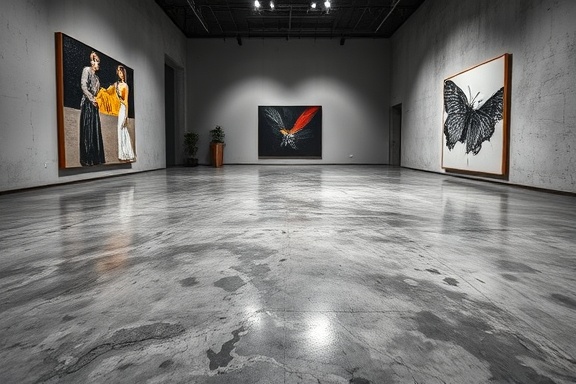 acid concrete floor, edgy style, etched patterns, photorealistic, in a contemporary art gallery with minimalist decor and large paintings, highly detailed, unique surfaces, contrasting colors, industrial gray, focused spotlight, shot with a 70mm camera lens.