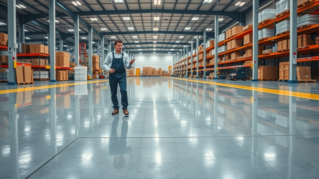 sleek industrial warehouse epoxy floor coating workers inspecting safety polished epoxy floor with high reflectivity expansive warehouse background