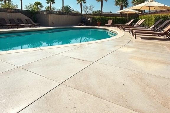 polished concrete patio, relaxed setting, beautifully sealed, photorealistic, by a swimming pool with lounge chairs and umbrellas, highly detailed, glossy finish, smooth surfaces, cool neutral tones, midday sun lighting, shot with a 40mm camera lens.