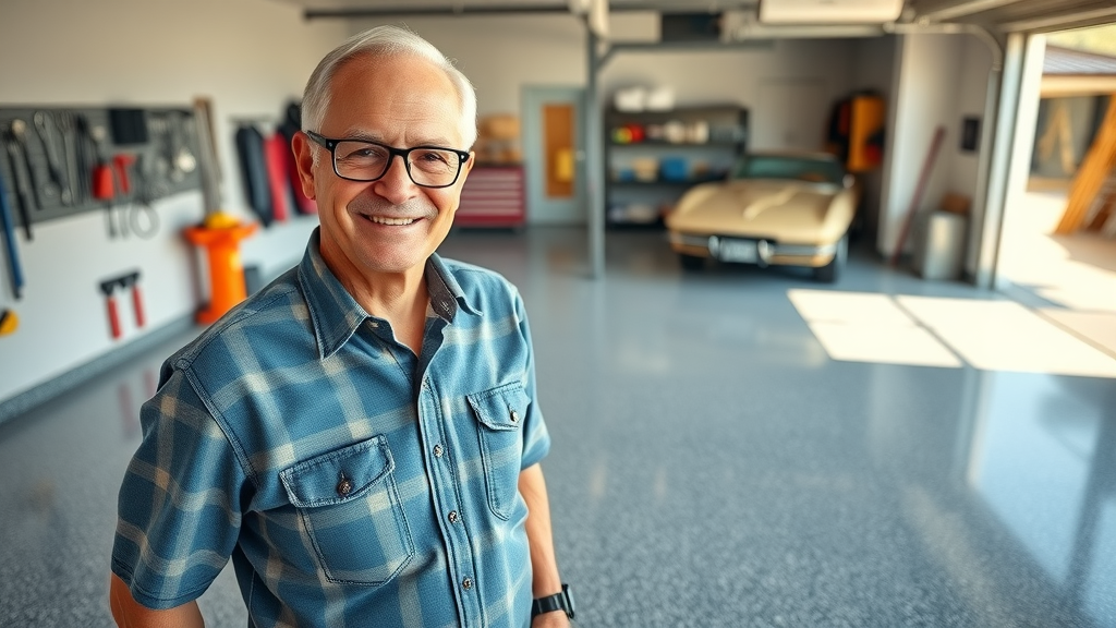 Proud homeowner in an upgraded car garage with freshly installed sparkling epoxy floor, smiling with classic car and polished flake pattern on the floor.