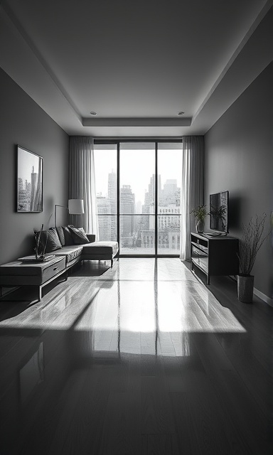contemporary residential floorscape, vibrant atmosphere, capturing dynamic shadows, photorealistic, minimalist apartment with an urban view, highly detailed, reflections of city life, 8K resolution, monochrome, soft lighting, shot with a 35mm lens