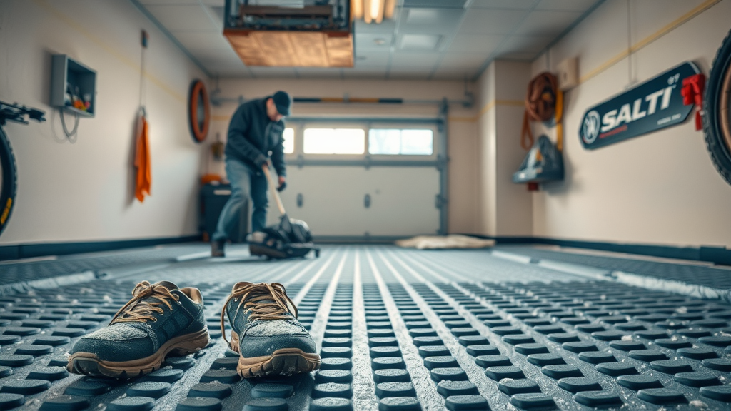 Expert installing specialized garage floor mats in a winter scene, with snowy shoes and salt traps in the foreground, demonstrating preventative strategies for winter garage floor maintenance.