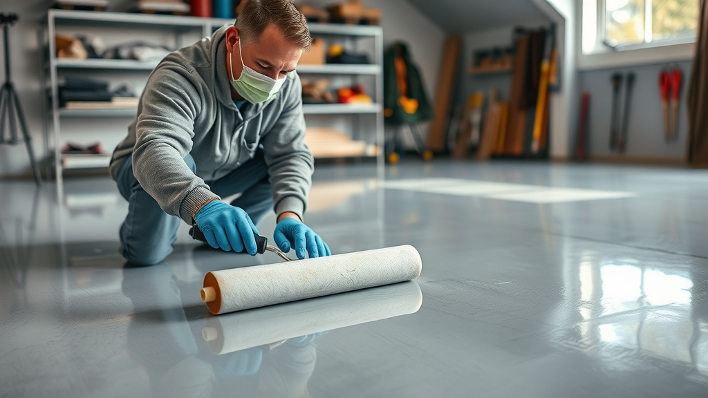 DIY epoxy coating application for garage floor waterproofing for winter with organized winter tools and gear