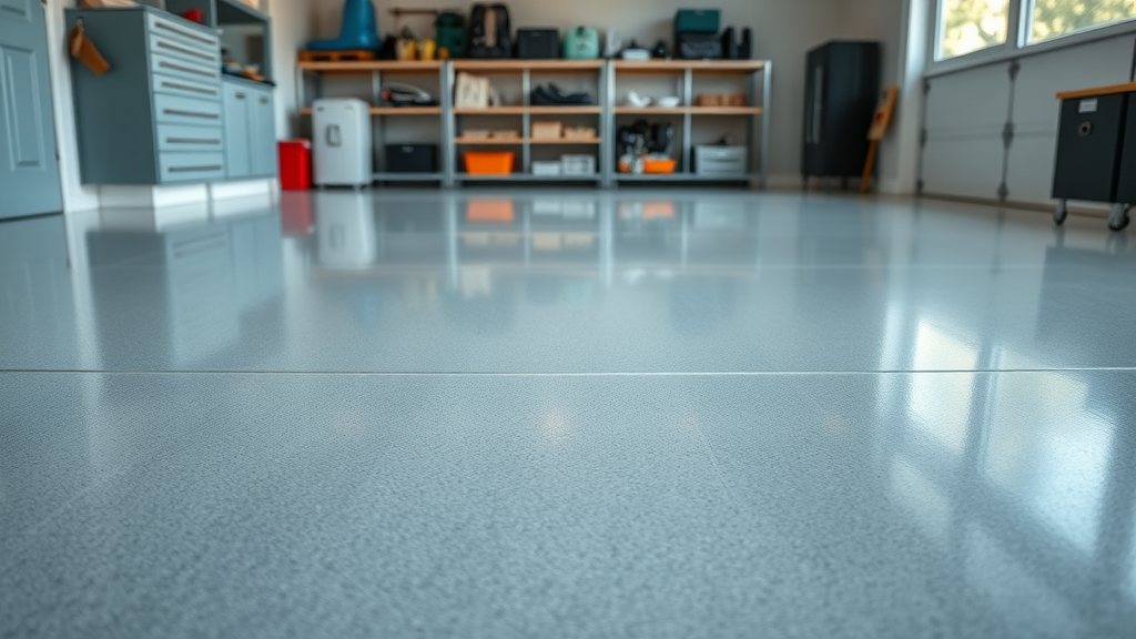 Sleek epoxy garage floor, freshly cleaned and glossy, immaculate garage floor maintenance