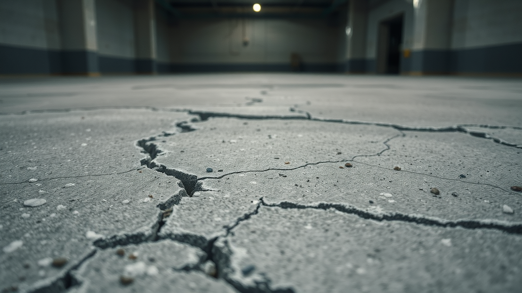 crumbling concrete floor close-up with white salt deposits and cracks showing garage floor salt damage, Cinematic macro, highly detailed texture, neutral gray tones