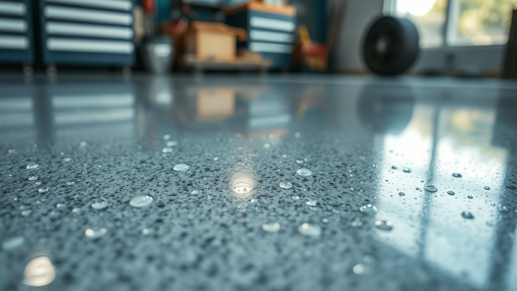 water droplets beading on moisture-resistant epoxy garage floor, detailed surface, garage equipment background, garage floor coating benefits