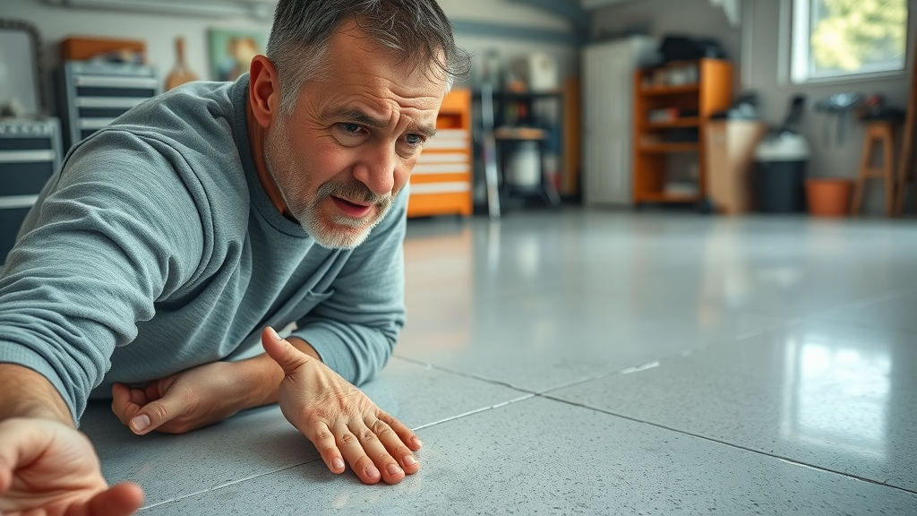 Epoxy garage floor peeling, garage floor epoxy, frustrated homeowner inspecting coating, clear visual of floor defect