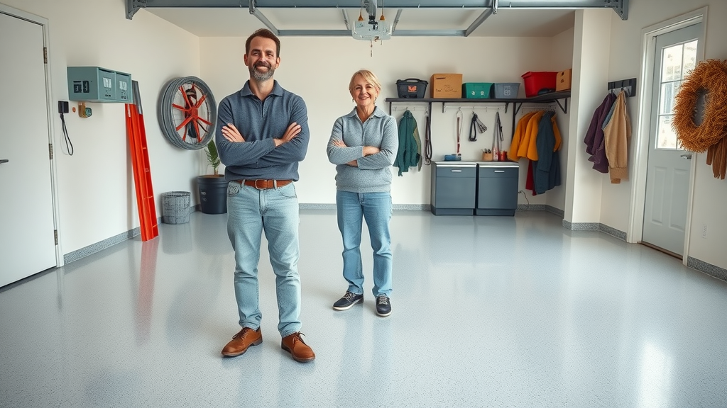 clean modern residential garage with a spotless floor, confident homeowner, prevention, winter gear in background, for protecting garage floors from slush