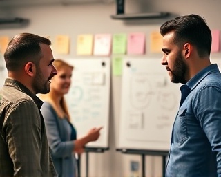 dynamic industry innovators, animated expression, brainstorming ideas, photorealistic, creative workspace with whiteboards and sticky notes, highly detailed, vivid collaboration, 24mm, ambient lighting, shot with a Tokina AT-X 24-70mm f/2.8 PRO FX lens.