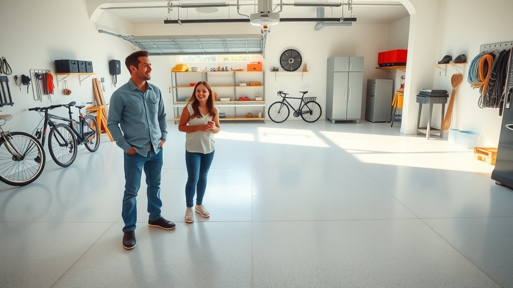 well-lit modern garage epoxy floor, family admiring coated surface, organized garage background, natural sunlight, garage floor coating benefits