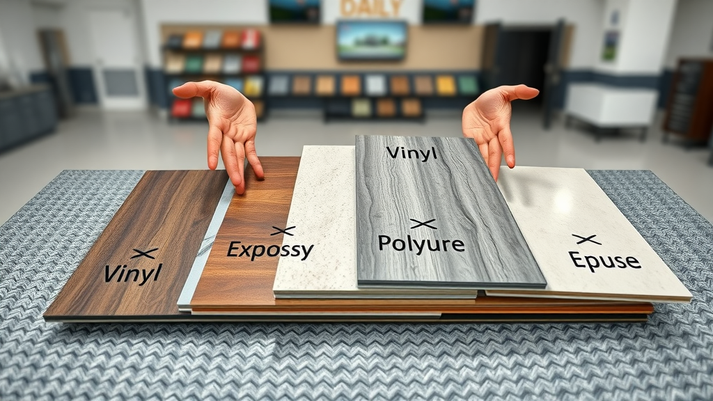comparing samples of epoxy, vinyl, polyurea garage floor coatings on a modern showroom table