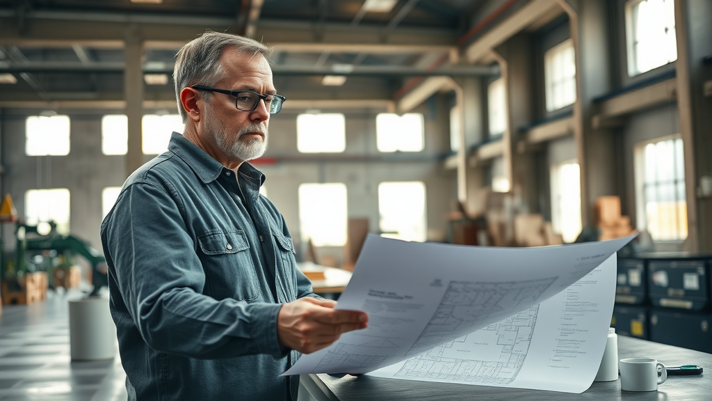 Industrial facility manager and flooring expert evaluating commercial epoxy flooring plans in large facility