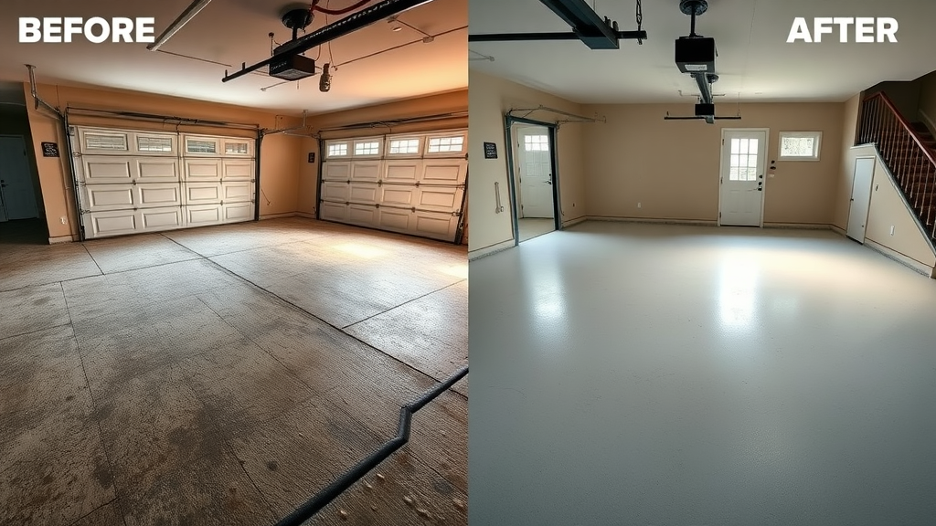 Before and after garage floor resurfacing, split view showing dramatic transformation, garage floor resurfacing, smooth finish, detailed, clear contrast