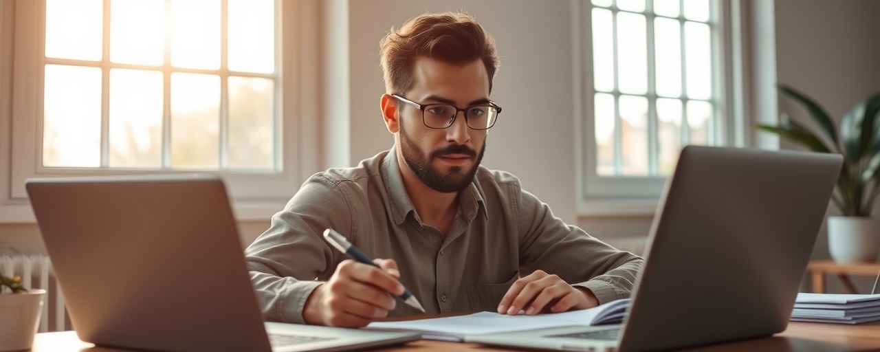 detailed quote form, focused expression, reviewing, photorealistic, organized workspace with a laptop and notes, highly detailed, gentle breeze through open windows, crisp and clear, warm natural light, shot with a 50mm lens.