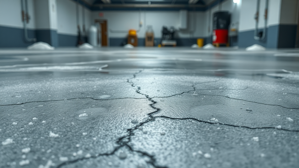Crystalline salt on concrete garage floor, visible etching and cracks from salt damage