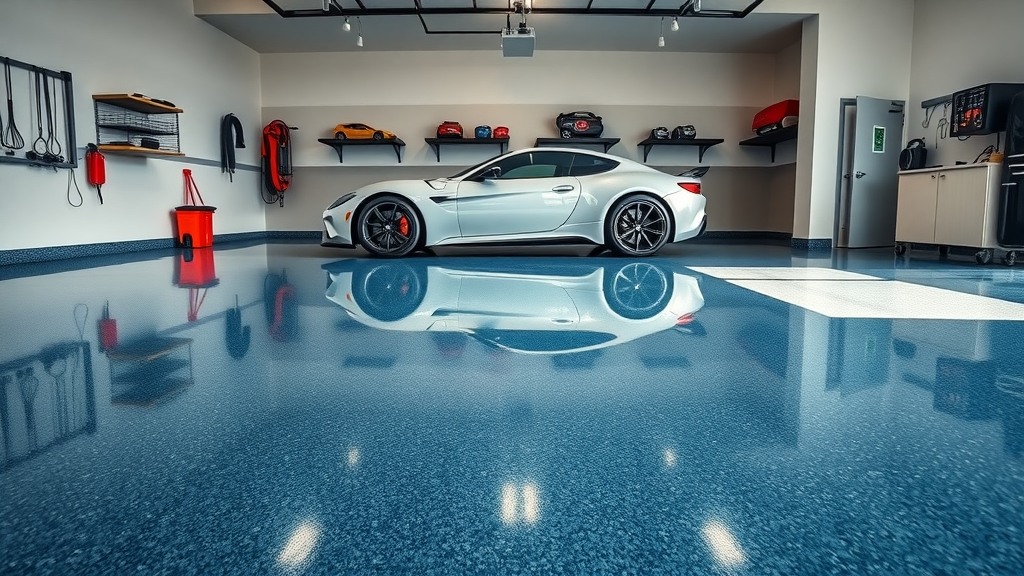 Luxury car parked on flawless mirror-gloss epoxy garage floor, finished with deep blue and reflective flakes, pristine organized garage setting.