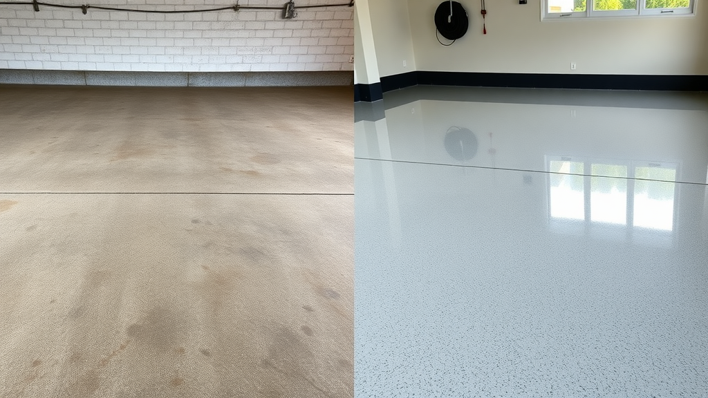 Comparative split-screen of painted concrete floor with stains versus a gleaming epoxy-coated garage floor, showing vibrant finish and durability of epoxy.
