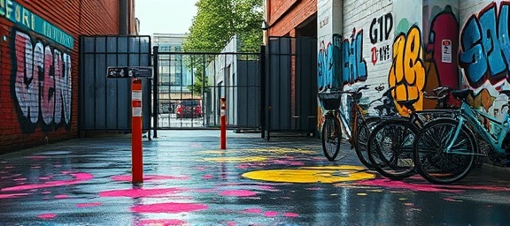dye concrete, experimental appearance, splattered, photorealistic, urban setting with graffiti walls and parked bicycles, highly detailed, vibrant hues, dynamic patterns, multicolored, bright artificial lighting, shot with a 28mm camera lens.