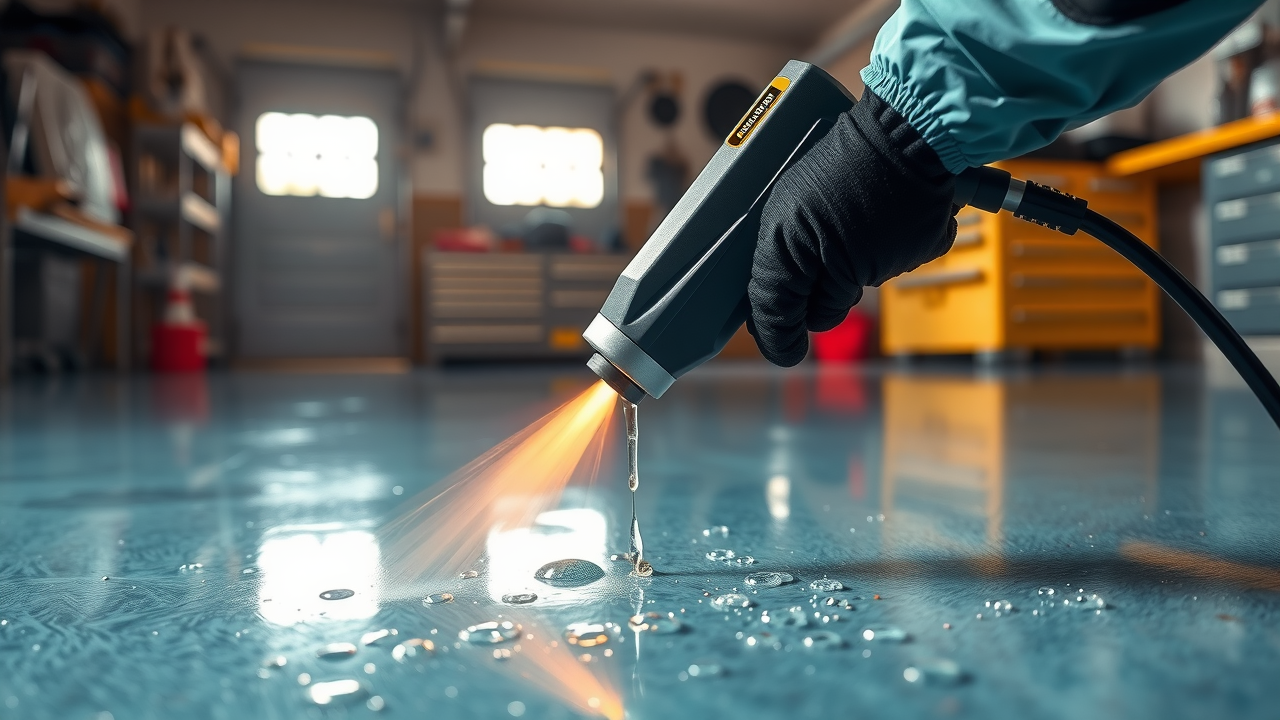 Detailed process of fixing epoxy floor bubbles with heat gun on garage floor installation