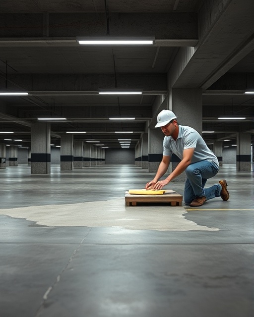 durable concrete finish, satisfied, worker smoothing surface, photorealistic, interior of a modern parking garage, highly detailed, finishing touch applied, razor-sharp texture, dark grey, ambient lighting, shot with a standard lens.