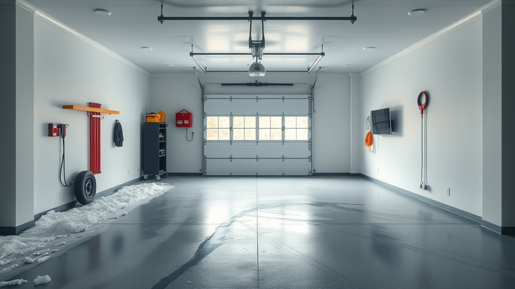 Bright clean garage floor protected during winter with salt and melting snow removed, modern garage floor care tips in effect