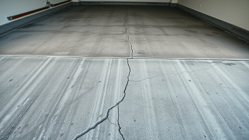Weathered concrete garage floor with visible salt stains, cracks, and ice patches—demonstrating need for winter garage floor care tips