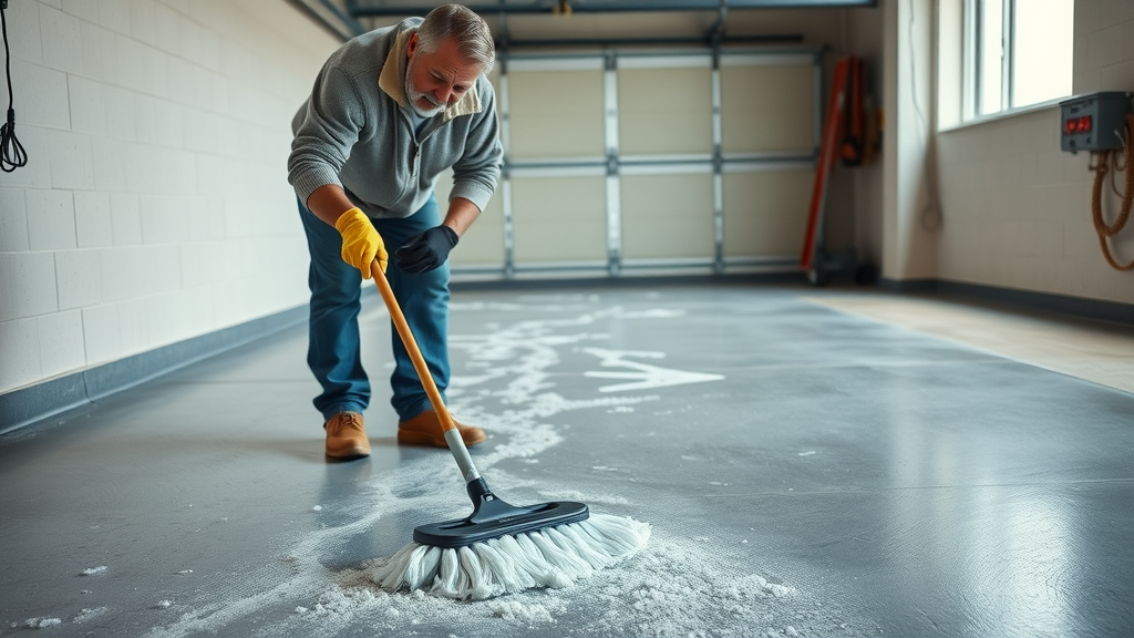 Homeowner sweeping salt and melted snow off garage floor using winter garage floor care tips