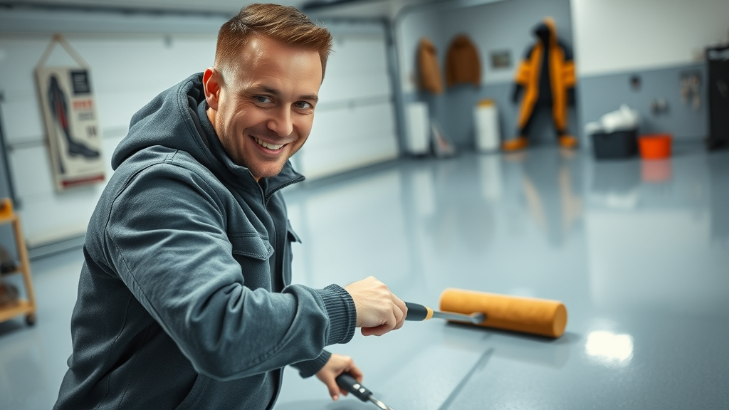 Professional applying polyaspartic garage floor coating for winter protection, demonstrating superior care tips