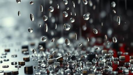 Close-up of full-broadcast vinyl chips falling onto wet epoxy surface.