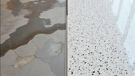 Comparison of pitted eroded floor and glossy Domino epoxy flakes finish.